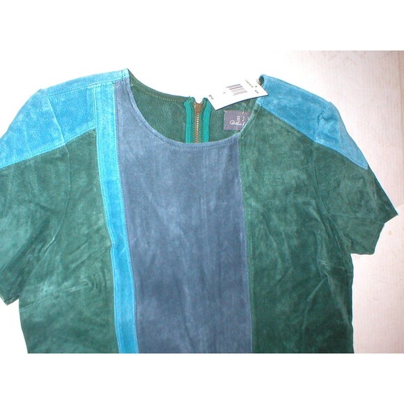 New Womens NWT PJK Leather Suede $398 Top Blouse L Blue Green Gray Color Block - Picture 4 of 5